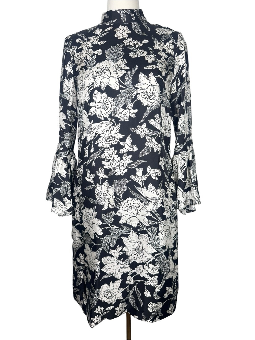 LA DoubleJ Black & White Floral High-Neck Long-Sleeve Dress